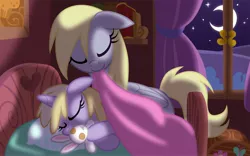 Size: 2625x1641 | Tagged: safe, artist:equestria-prevails, derpibooru import, derpy hooves, dinky hooves, pegasus, pony, unicorn, bed, blanket, equestria's best mother, eyes closed, female, filly, floppy ears, happy, mare, moon, moonlight, mother and child, mother and daughter, mouth hold, night, plushie, sleeping, stars