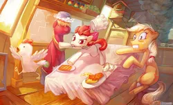 Size: 900x546 | Tagged: safe, artist:electrixocket, derpibooru import, apple bloom, applejack, big macintosh, chicken, earth pony, pony, action pose, animal, apple siblings, breakfast, chase, chef's hat, cooking, fail, female, filly, hat, hatless, kitchen, male, mare, missing accessory, mouth hold, stallion, table, this will end in tears and/or breakfast