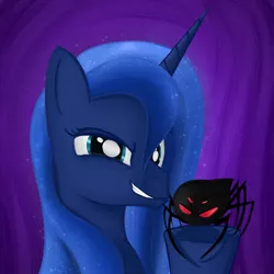 Size: 1000x1000 | Tagged: safe, artist:cheshiresdesires, derpibooru import, princess luna, alicorn, pony, spider, luna eclipsed, female, grin, looking at you, mare, smiling