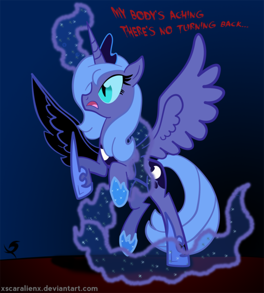 Size: 1000x1110 | Tagged: safe, artist:xscaralienx, derpibooru import, nightmare moon, princess luna, alicorn, pony, crown, female, glare, hoof shoes, jewelry, mare, open mouth, peytral, rearing, regalia, s1 luna, solo, spread wings, text, transformation, wings