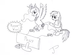 Size: 2437x1805 | Tagged: safe, artist:jhyrachy, derpibooru import, princess luna, rainbow dash, alicorn, pegasus, pony, gamer luna, duo, female, gamer rd, mare, monochrome, nintendo 64, retrogaming, sitting