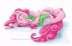 Size: 900x580 | Tagged: safe, artist:keyfeathers, derpibooru import, gummy, pinkie pie, earth pony, pony, eyes closed, female, hug, mare, on back, smiling