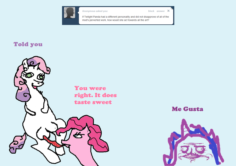 Size: 1350x952 | Tagged: questionable, derpibooru import, pinkie pie, sweetie belle, oc, oc:twilight panda, earth pony, pony, unicorn, crotchboobs, female, filly, foal, foalcon, licking, mare, me gusta, mspaintponies, nipple licking, nipple stimulation, nipples, nudity, teats, tumblr