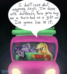 Size: 1768x1948 | Tagged: safe, artist:another-story-2tell, derpibooru import, applejack, twilight sparkle, earth pony, pony, unicorn, alan wake, angry, applejack truck, bandage, blood, cardboard cutout, cardboard twilight, driving, duo, female, floppy ears, frown, glare, injured, mare, open mouth, pointing, yelling
