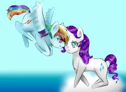 Size: 1100x800 | Tagged: safe, artist:girlformer, derpibooru import, rainbow dash, rarity, pegasus, pony, unicorn, blushing, female, flying, lesbian, mare, raridash, shipping