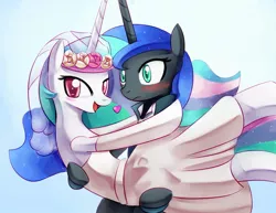 Size: 1100x850 | Tagged: safe, artist:negativefox, derpibooru import, nightmare moon, princess celestia, alicorn, pony, semi-anthro, bridal carry, clothes, dress, female, incest, lesbian, married, mooncest, princest, shipping, simple background, tsundere moon, tuxedo, wedding dress, white background