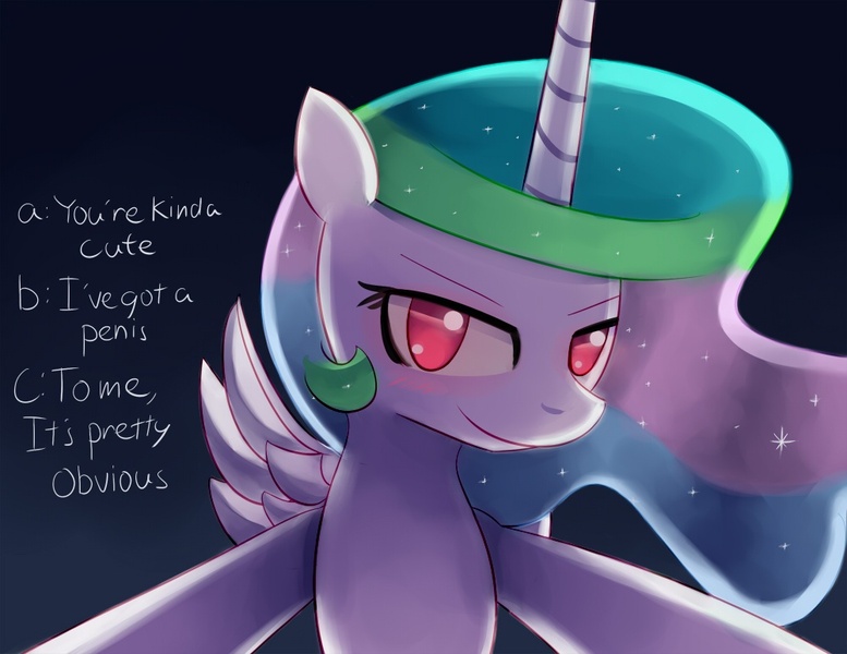 Size: 1000x772 | Tagged: suggestive, artist:negativefox, derpibooru import, princess celestia, alicorn, pony, blushing, female, femdom, gradient background, implied futa, implied sex, looking at you, mare, offscreen character, pov, smiling, smirk, solo, solo female