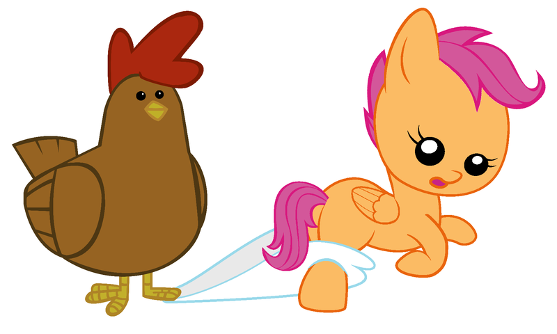 Size: 1800x1080 | Tagged: safe, artist:beavernator, derpibooru import, scootaloo, chicken, pegasus, pony, baby, baby pony, coppertone parody, diaper, female, foal, scootachicken, simple background, white background