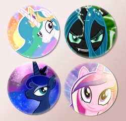 Size: 600x574 | Tagged: safe, artist:pixelkitties, derpibooru import, princess cadance, princess celestia, princess luna, queen chrysalis, alicorn, changeling, changeling queen, pony, buttons, female, image, mare, png