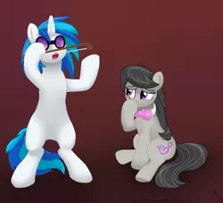 Size: 1100x1000 | Tagged: dead source, safe, artist:sonicrainboom93, derpibooru import, octavia melody, vinyl scratch, earth pony, pony, unicorn, bipedal, blushing, bow (instrument), bowtie, comedy, duo, duo female, featureless crotch, female, giggles, glasses, gradient background, mare, standing