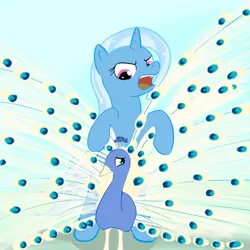 Size: 1000x1000 | Tagged: safe, artist:theparagon, derpibooru import, trixie, peacock, pony, unicorn, annoyed, female, mare, pet, solo