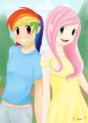 Size: 825x1155 | Tagged: artist:kprovido, breasts, clothes, delicious flat chest, derpibooru import, dress, duo, female, flattershy, fluttershy, human, humanized, midriff, palindrome get, rainbow dash, safe, short shirt, small breasts