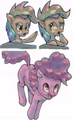 Size: 412x686 | Tagged: safe, artist:conoghi, derpibooru import, pinkie pie, rainbow dash, scootaloo, earth pony, pegasus, pony, 1000, duo, female, filly, get, index get, milestone, rainbow wig, simple background, white background, wig