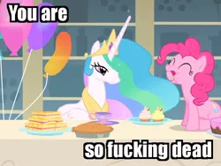 Size: 750x563 | Tagged: safe, derpibooru import, edit, edited screencap, screencap, pinkie pie, princess celestia, alicorn, earth pony, pony, a bird in the hoof, cupcake, duo, female, food, image macro, mare, meme, vulgar