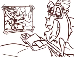 Size: 900x692 | Tagged: artist:tess, bed, book, derpibooru import, discord, glasses, monochrome, princess celestia, reading, safe, solo