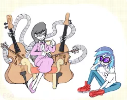Size: 1043x822 | Tagged: artist:equestrian-strumpet, cello, chair, derpibooru import, doctor octavia, doctor octopus, duo, female, glasses, human, humanized, musical instrument, octavia melody, safe, sitting, tea, vinyl scratch