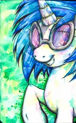 Size: 1001x1620 | Tagged: safe, artist:buttercupsaiyan, deleted from derpibooru, derpibooru import, vinyl scratch, pony, unicorn, abstract background, female, mare, raised hoof, solo, watercolor painting