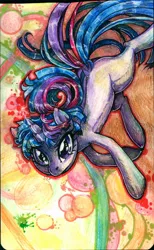 Size: 1006x1628 | Tagged: safe, artist:buttercupsaiyan, deleted from derpibooru, derpibooru import, twilight sparkle, pony, unicorn, abstract background, blank flank, female, floating, mare, solo, watercolor painting