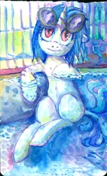 Size: 1002x1637 | Tagged: safe, artist:buttercupsaiyan, deleted from derpibooru, derpibooru import, vinyl scratch, pony, unicorn, female, mare, sitting, solo, swimming pool, traditional art, water, watercolor painting