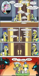 Size: 1513x2916 | Tagged: safe, artist:thewormouroboros, derpibooru import, princess cadance, queen chrysalis, changeling, pegasus, pony, unicorn, a canterlot wedding, comic, dialogue, disguise, disguised changeling, fake cadance, female, image, male, png, royal guard, singing, stallion, tempting fate, this day aria, you dun goofed