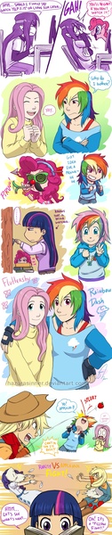 Size: 600x2858 | Tagged: safe, artist:hazurasinner, derpibooru import, applejack, fluttershy, pinkie pie, rainbow dash, rarity, twilight sparkle, oc, oc:windy belle, earth pony, human, pony, blushing, book, brony, clothes, comic, computer, dialogue, female, fingerless gloves, flutterdash, fourth wall, gloves, groucho mask, humanized, lesbian, magical lesbian spawn, mare, offspring, overalls, parent:fluttershy, parent:rainbow dash, parents:flutterdash, pillow fight, scene interpretation, shipping, sweater, sweatershy