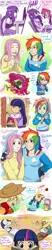 Size: 600x2858 | Tagged: safe, artist:hazurasinner, derpibooru import, applejack, fluttershy, pinkie pie, rainbow dash, rarity, twilight sparkle, oc, oc:windy belle, earth pony, human, pony, blushing, book, brony, clothes, comic, computer, dialogue, female, fingerless gloves, flutterdash, fourth wall, gloves, groucho mask, humanized, lesbian, magical lesbian spawn, mare, offspring, overalls, parent:fluttershy, parent:rainbow dash, parents:flutterdash, pillow fight, scene interpretation, shipping, sweater, sweatershy