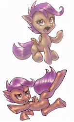 Size: 487x800 | Tagged: safe, artist:conoghi, derpibooru import, scootaloo, pegasus, pony, action pose, belly button, female, filly, flying, pixiv, scootaloo can fly, simple background, solo, white background