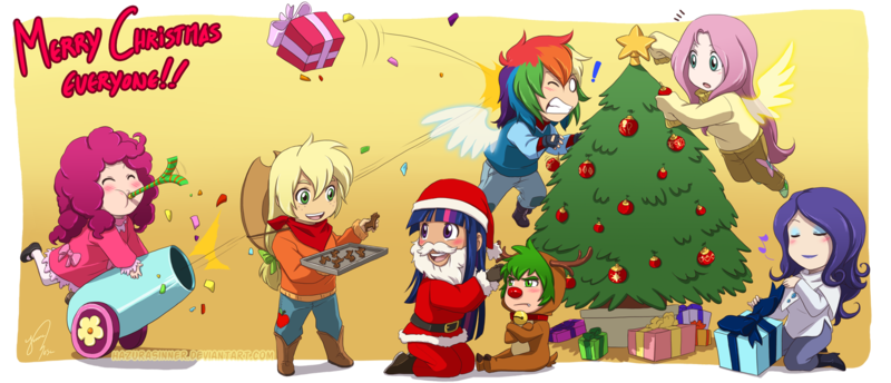 Size: 1746x750 | Tagged: applejack, artist:hazurasinner, chibi, christmas, cute, derpibooru import, female, fluttershy, human, humanized, human spike, male, mane seven, mane six, party cannon, pinkie pie, rainbow dash, rarity, rudolph nose, safe, santa claus, spike, twilight sparkle, winged humanization