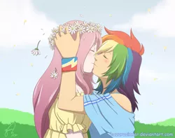 Size: 1015x800 | Tagged: safe, artist:hazurasinner, derpibooru import, fluttershy, rainbow dash, human, blushing, cute, female, floral head wreath, flower, flutterdash, humanized, kissing, lesbian, shipping