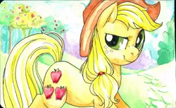 Size: 1280x784 | Tagged: safe, artist:buttercupsaiyan, deleted from derpibooru, derpibooru import, applejack, earth pony, pony, female, mare, solo, traditional art, tree, watercolor painting