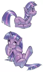 Size: 484x800 | Tagged: safe, artist:conoghi, derpibooru import, twilight sparkle, pony, unicorn, belly button, female, legs in air, mare, on back, open mouth, pixiv, prone, simple background, solo, underhoof, unicorn twilight, white background