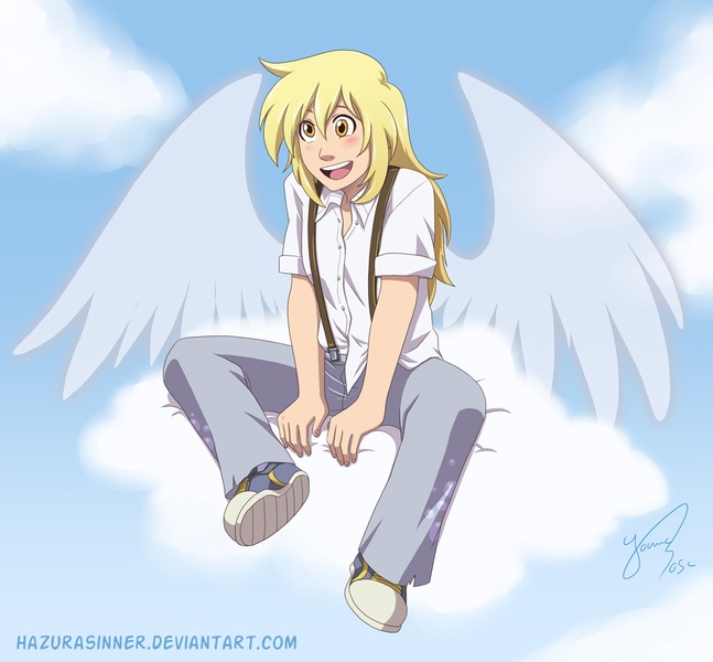 Size: 1032x957 | Tagged: artist:hazurasinner, cloud, cloudy, derpibooru import, derpy hooves, female, human, humanized, safe, sitting, solo, suspenders, winged humanization