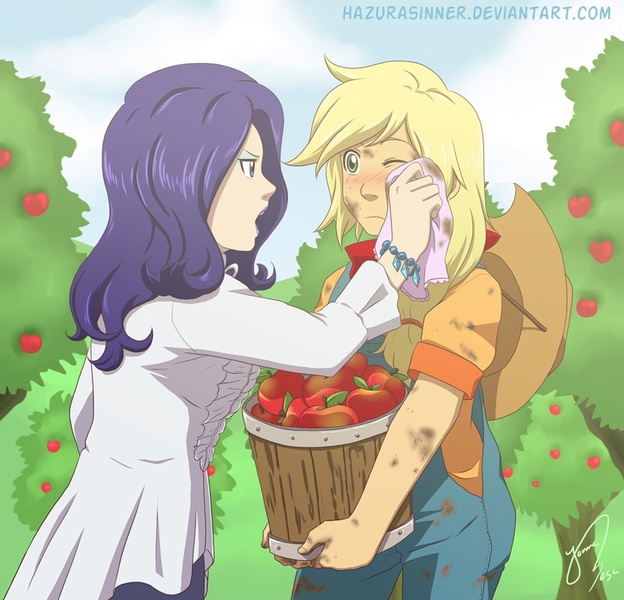 Size: 913x878 | Tagged: safe, artist:hazurasinner, derpibooru import, applejack, rarity, human, apple, blushing, bucket, cleaning, cloth, cute, dirty, female, food, humanized, lesbian, orchard, overalls, rarijack, shipping, tree, wiping, working