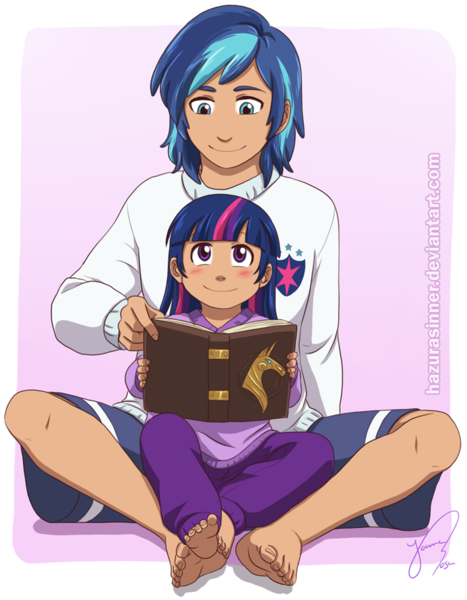 Size: 707x908 | Tagged: 2010s, 2012, artist:hazurasinner, barefoot, bbbff, blue eyes, blue hair, blushing, book, brother and sister, clothes, cute, derpibooru import, family, feet, female, happy, human, humanized, jumper, legs, male, male feet, moderate dark skin, multicolored hair, pajamas, pants, purple eyes, reading, safe, shining armor, shorts, siblings, sitting, smiling, sweater, sweatpants, toenails, twiabetes, twilight sparkle, watermark