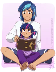 Size: 707x908 | Tagged: 2010s, 2012, artist:hazurasinner, barefoot, bbbff, blue eyes, blue hair, blushing, book, brother and sister, clothes, cute, derpibooru import, family, feet, female, happy, human, humanized, jumper, legs, male, male feet, moderate dark skin, multicolored hair, pajamas, pants, purple eyes, reading, safe, shining armor, shorts, siblings, sitting, smiling, sweater, sweatpants, toenails, twiabetes, twilight sparkle, watermark