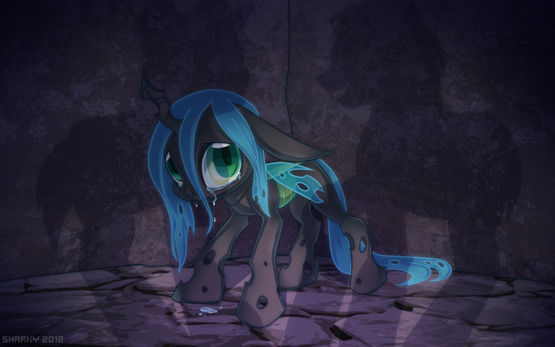 Size: 2400x1500 | Tagged: safe, artist:sharky, derpibooru import, queen chrysalis, changeling, changeling queen, nymph, bully, bullying, crying, cute, cutealis, female, filly, floppy ears, foal, image, origin story, png, sad, sadorable, shadow, solo, standing, younger