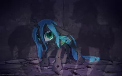 Size: 2400x1500 | Tagged: safe, artist:sharky, derpibooru import, queen chrysalis, changeling, changeling queen, nymph, bully, bullying, crying, cute, cutealis, female, filly, floppy ears, foal, image, origin story, png, sad, sadorable, shadow, solo, standing, younger