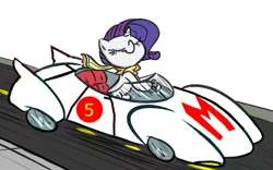 Size: 765x478 | Tagged: safe, artist:tess, derpibooru import, rarity, pony, unicorn, car, clothes, driving, eyes closed, female, mach 5, mare, recolor, scarf, solo, speed racer