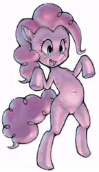 Size: 460x800 | Tagged: safe, artist:conoghi, derpibooru import, pinkie pie, earth pony, pony, belly button, bipedal, cute, diapinkes, female, mare, open mouth, pixiv, simple background, smiling, solo, white background