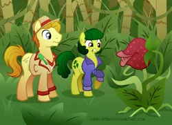 Size: 648x470 | Tagged: safe, artist:lissystrata, derpibooru import, doctor whooves, time turner, ponified, earth pony, pony, celery, doctor who, duo, female, fifth doctor, frock coat, jungle, male, mare, peri brown, peter davison, photoshop, plant, stallion