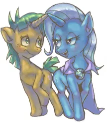 Size: 605x704 | Tagged: safe, artist:conoghi, derpibooru import, snails, trixie, pony, unicorn, blushing, colt, female, horns are touching, lidded eyes, male, mare, open mouth, pixiv, raised hoof, rarepair, shipping, simple background, smiling, straight, trails, white background