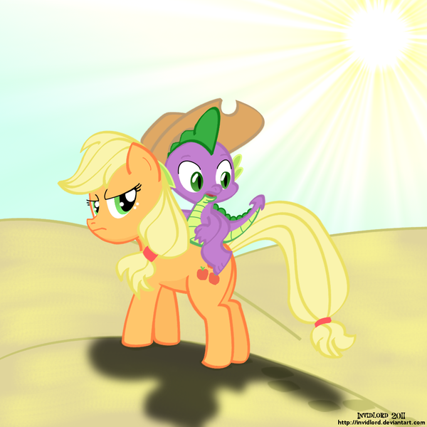 Size: 1000x1000 | Tagged: safe, artist:invidlord, derpibooru import, applejack, spike, dragon, earth pony, pony, accessory swap, applejack is not amused, applespike, desert, dragons riding ponies, female, male, mare, riding, shipping, straight, unamused