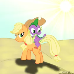 Size: 1000x1000 | Tagged: safe, artist:invidlord, derpibooru import, applejack, spike, dragon, earth pony, pony, accessory swap, applejack is not amused, applespike, desert, dragons riding ponies, female, male, mare, riding, shipping, straight, unamused