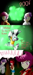 Size: 800x1799 | Tagged: artist:starykrow, ask the cmc, dante (devil may cry), derpibooru import, devil may cry, devil may cry 3, female, forest, human, humanized, safe, sweetie belle, zebra, zecora