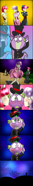 Size: 810x4440 | Tagged: safe, artist:starykrow, derpibooru import, apple bloom, scootaloo, spike, sweetie belle, dragon, human, ask spike da dragon, ask the cmc, clothes, comic, cutie mark crusaders, female, humanized, kiss on the cheek, kissing, male, marilyn monroe, prom, shipping, skirt, skirt lift, spike gets all the mares, spikebelle, spikebloom, straight, the seven year itch, vent