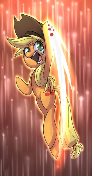 Size: 500x950 | Tagged: safe, artist:uc77, derpibooru import, applejack, earth pony, pony, action pose, dragon punch, female, mare, open mouth, paint tool sai, shoryuken, smiling, solo