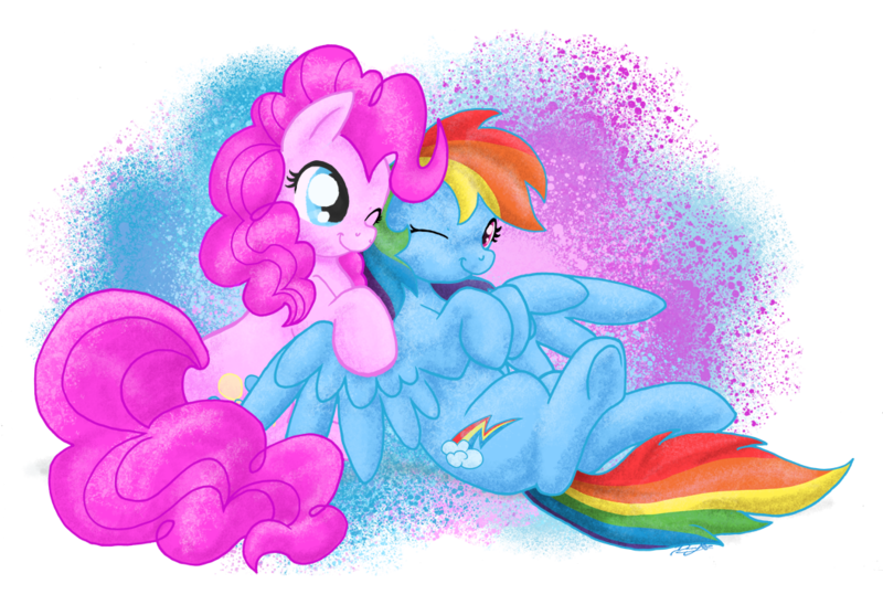 Size: 1053x721 | Tagged: safe, artist:dawnallies, derpibooru import, pinkie pie, rainbow dash, earth pony, pegasus, pony, abstract background, adobe imageready, cute, dashabetes, diapinkes, female, lesbian, mare, on back, one eye closed, pinkiedash, shipping, smiling, spread wings, underhoof, wink