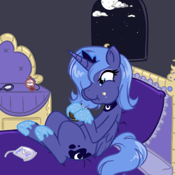 Size: 800x800 | Tagged: safe, artist:bamboodog, derpibooru import, princess luna, alicorn, pony, animated, bed, chewing, crown, cute, cutie mark, eating, female, filly, gif, jewelry, mirror, moon, moon pie, night, nom, perfume, regalia, s1 luna, solo, stars, window, woona, wrapper, younger