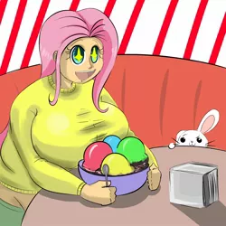 Size: 1600x1600 | Tagged: angel bunny, artist:metalforever, big breasts, breasts, busty fluttershy, clothes, derpibooru import, eyes on the prize, fat, fattershy, female, fluttershy, huge breasts, human, humanized, ice cream, safe, spoon, sweatershy