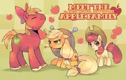 Size: 2169x1372 | Tagged: dead source, safe, artist:suikuzu, derpibooru import, apple bloom, applejack, big macintosh, earth pony, pony, accessory swap, adobe imageready, apple, apple bloom's bow, apple siblings, apple sisters, applejack is not amused, applejack's hat, bow, eyes closed, family, female, filly, foal, get, hair bow, hat, horse collar, index get, male, mare, siblings, sisters, stallion, straw in mouth, sweat, trio, unamused